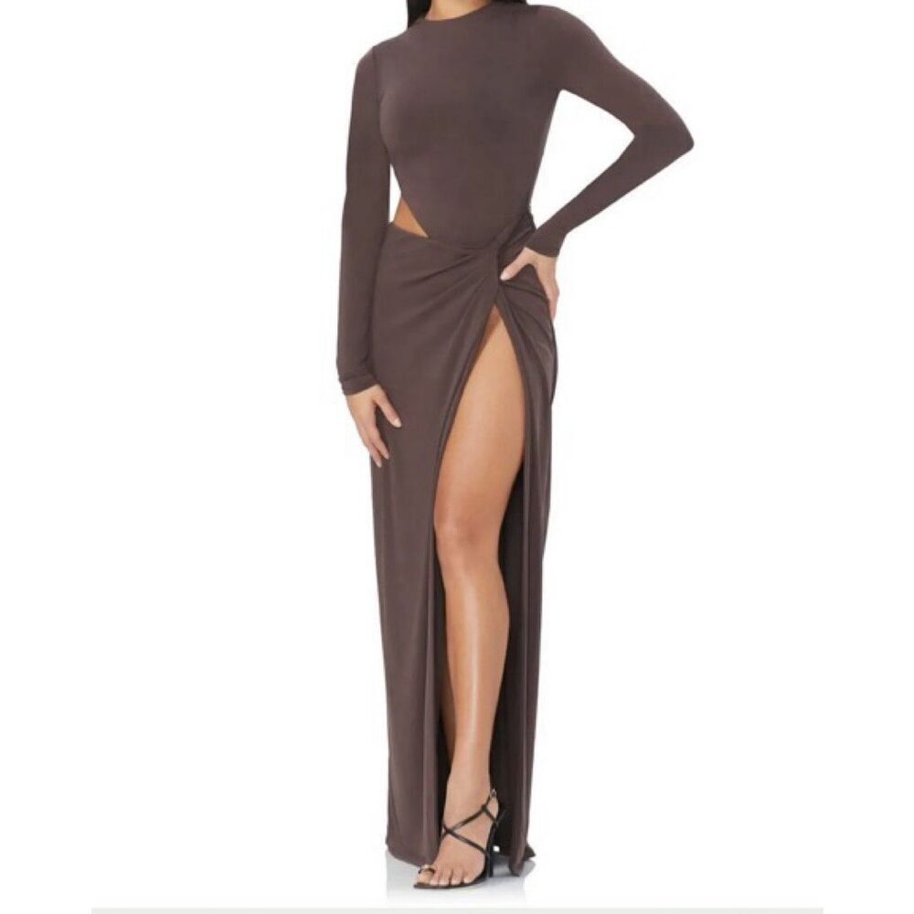 AFRM Brie Long Sleeve Side Cutout Maxi Dress in Java Brown Size XXS